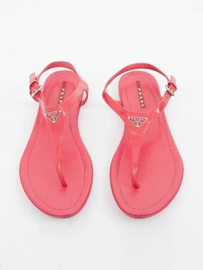 Prada Triangle Logo T Strap Patent Leather Pink Thong Flat Sandals